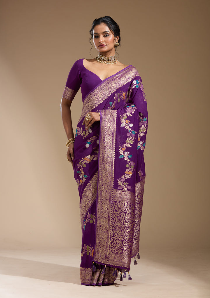 Purple Georgette Buti Gold Zariwork Saree With Matching Blouse Piece