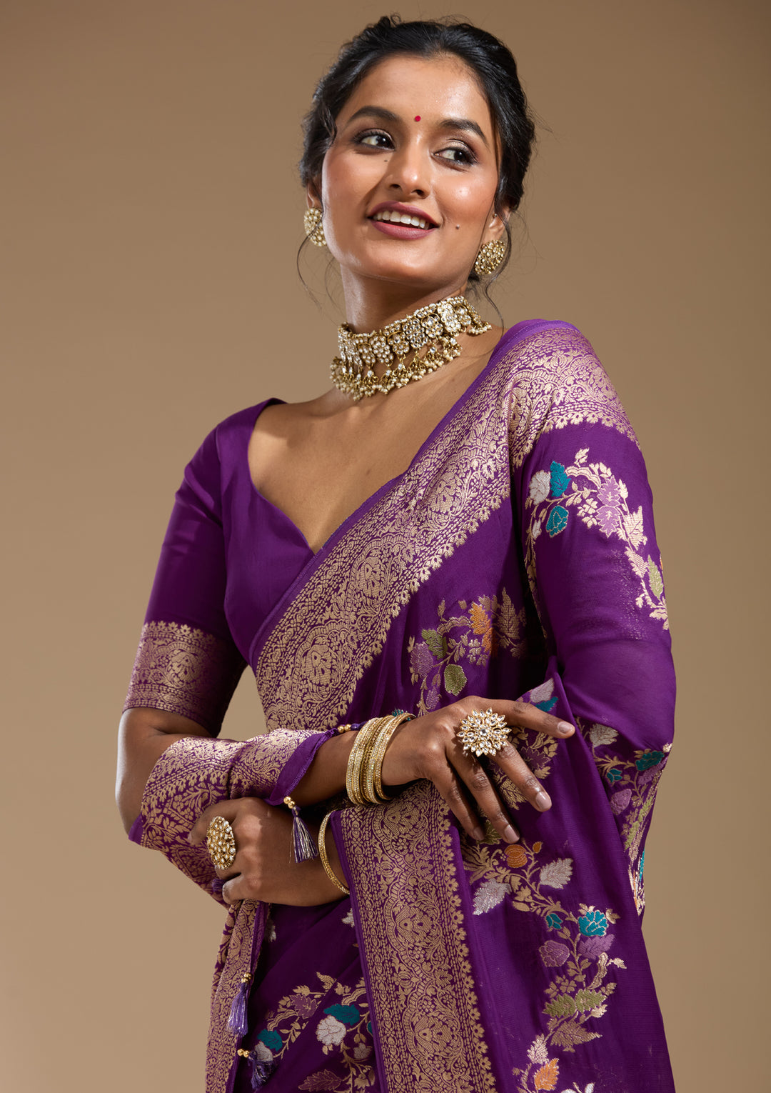 Purple Georgette Buti Gold Zariwork Saree With Matching Blouse Piece