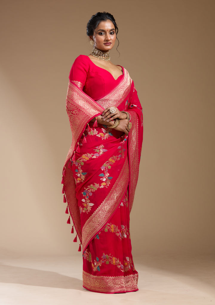 Rani Pink Georgette Buti Gold Zariwork Saree With Matching Blouse Piece