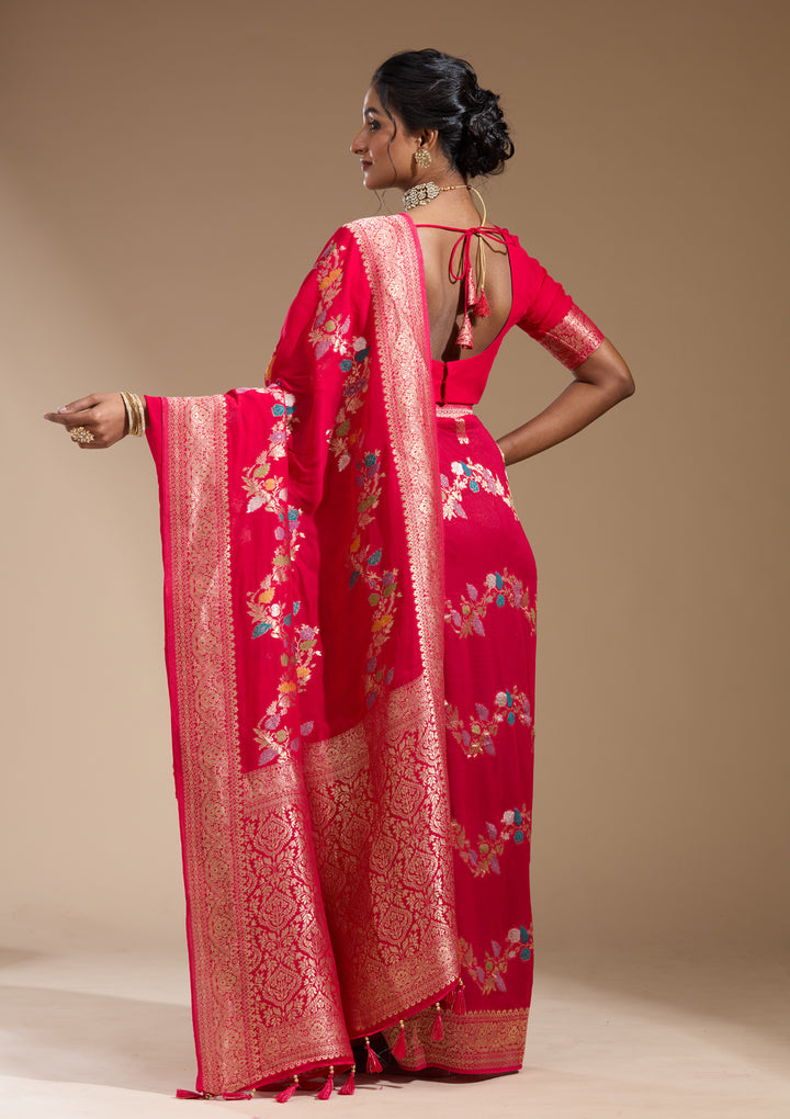 Rani Pink Georgette Buti Gold Zariwork Saree With Matching Blouse Piece