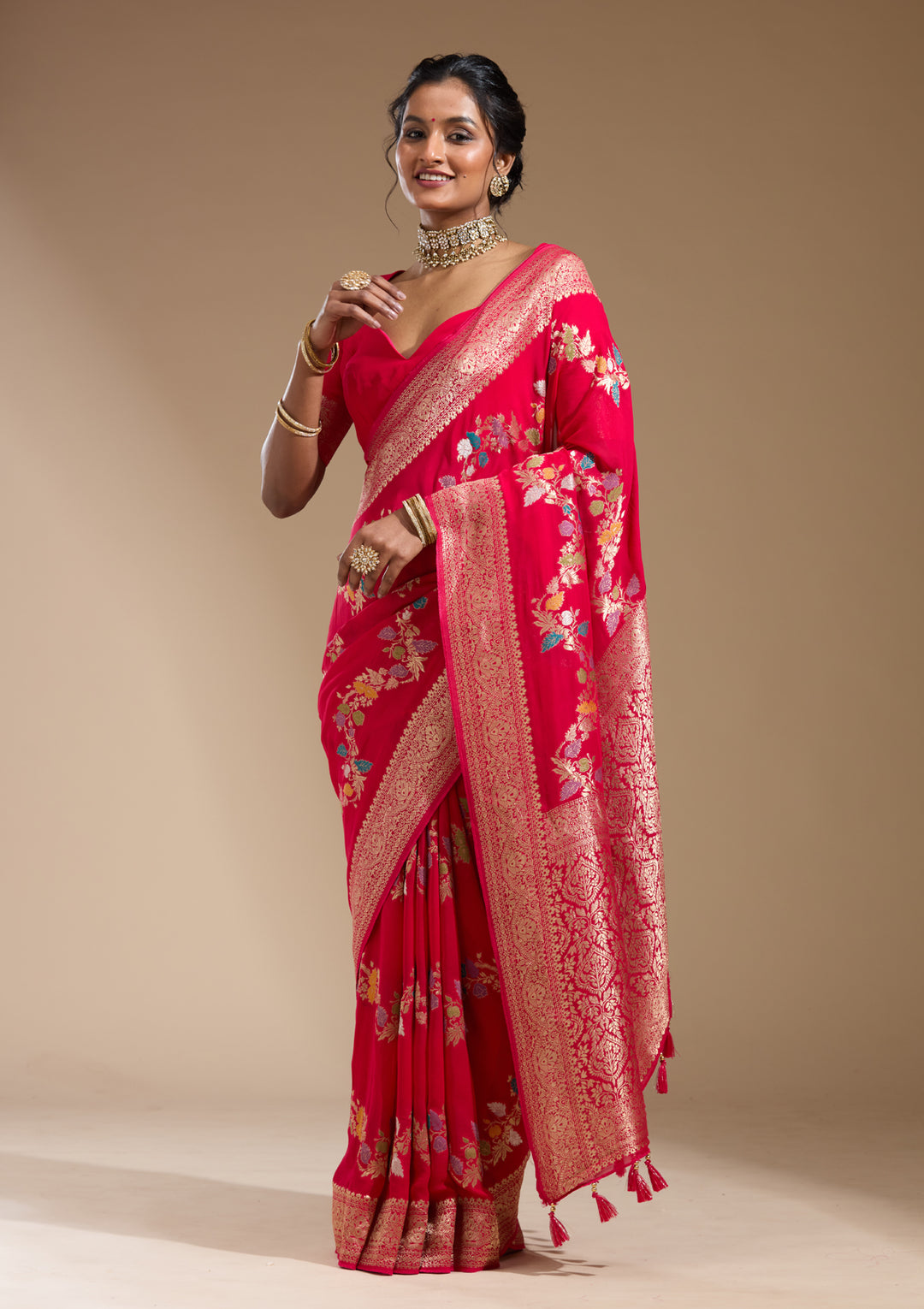 Rani Pink Georgette Buti Gold Zariwork Saree With Matching Blouse Piece