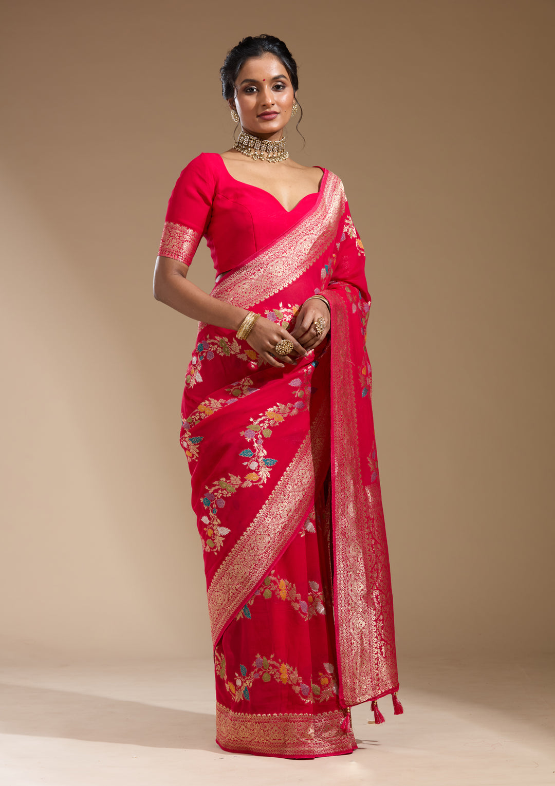 Rani Pink Georgette Buti Gold Zariwork Saree With Matching Blouse Piece
