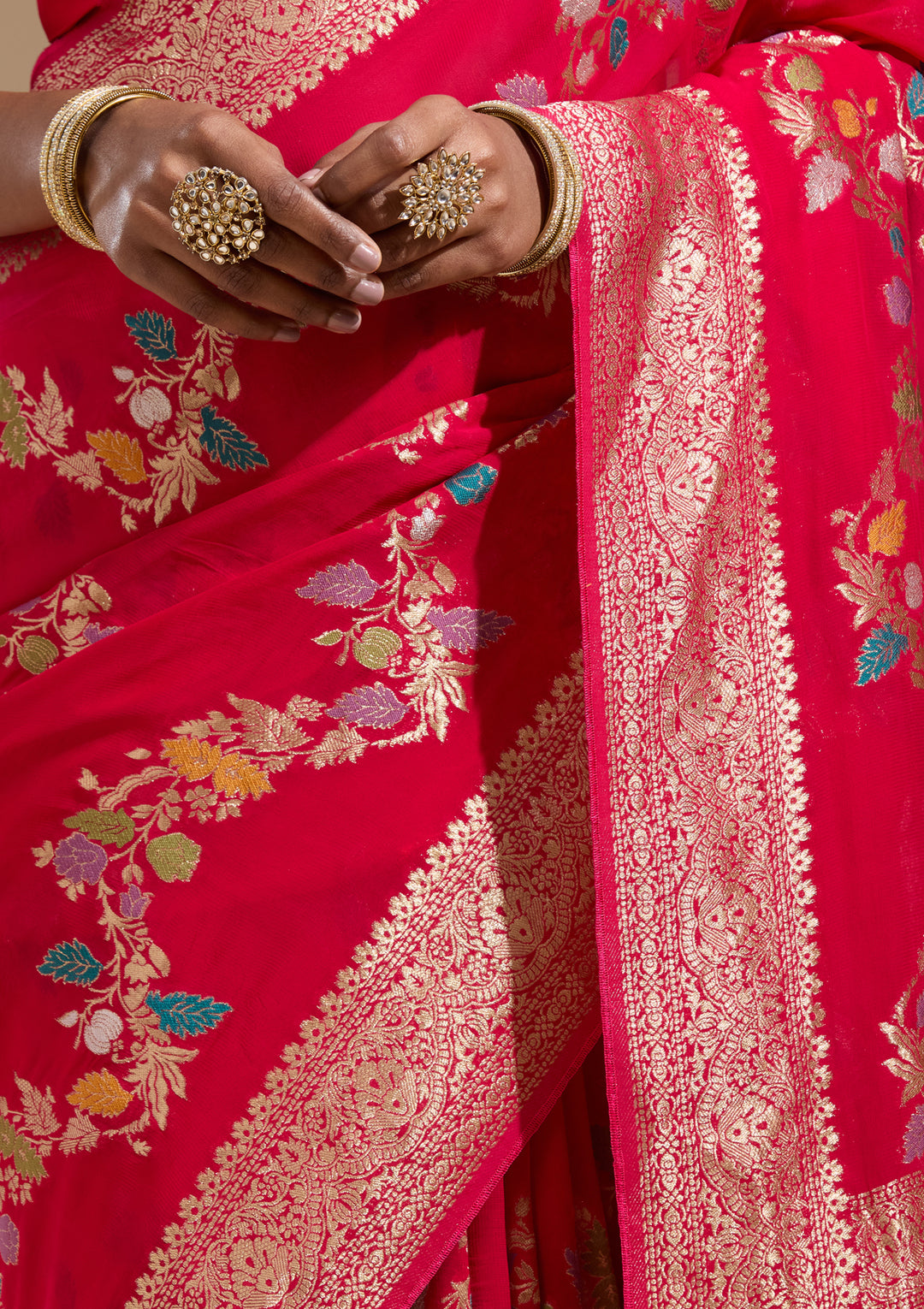 Rani Pink Georgette Buti Gold Zariwork Saree With Matching Blouse Piece