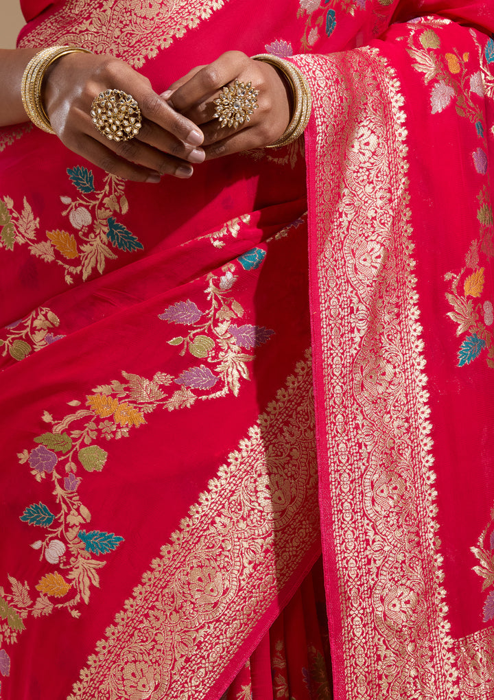 Rani Pink Georgette Buti Gold Zariwork Saree With Matching Blouse Piece