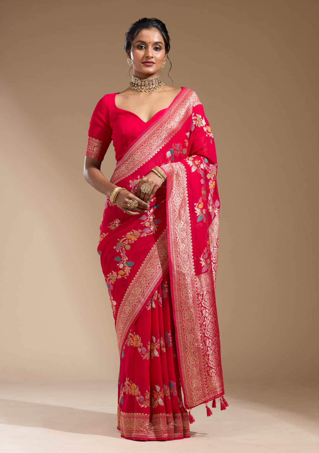 Rani Pink Georgette Buti Gold Zariwork Saree With Matching Blouse Piece