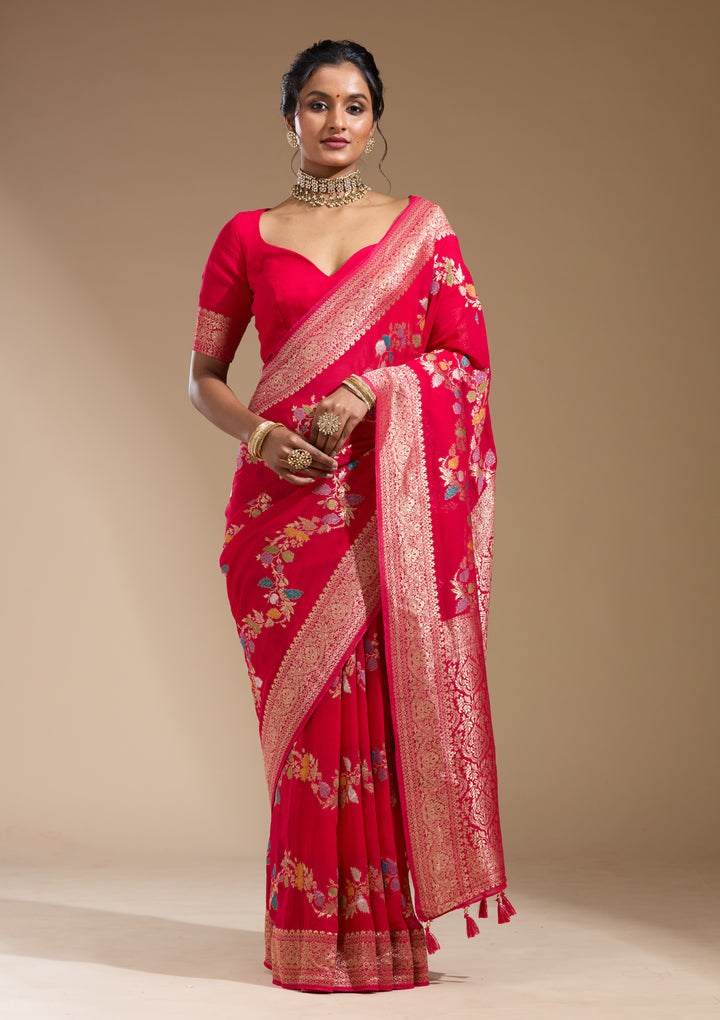 Rani Pink Georgette Buti Gold Zariwork Saree With Matching Blouse Piece