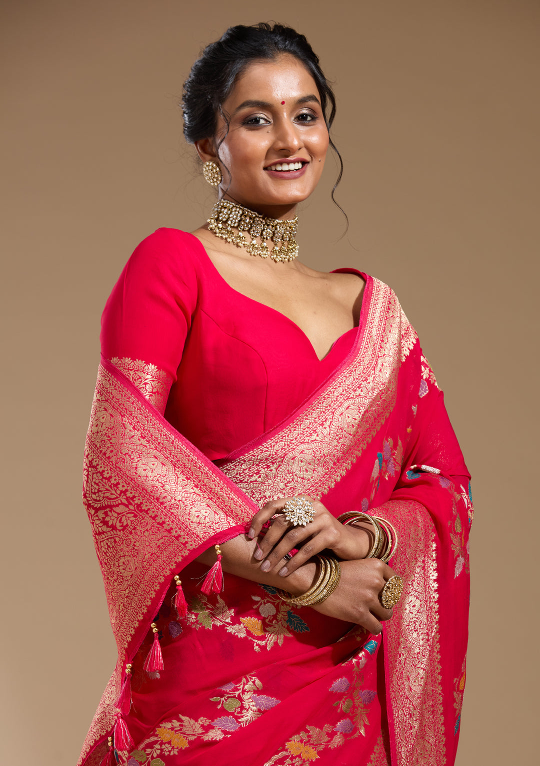 Rani Pink Georgette Buti Gold Zariwork Saree With Matching Blouse Piece