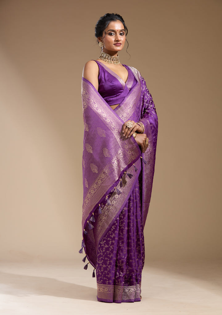 Purple Georgette Jaal Gold Zariwork Saree With Matching Blouse Piece