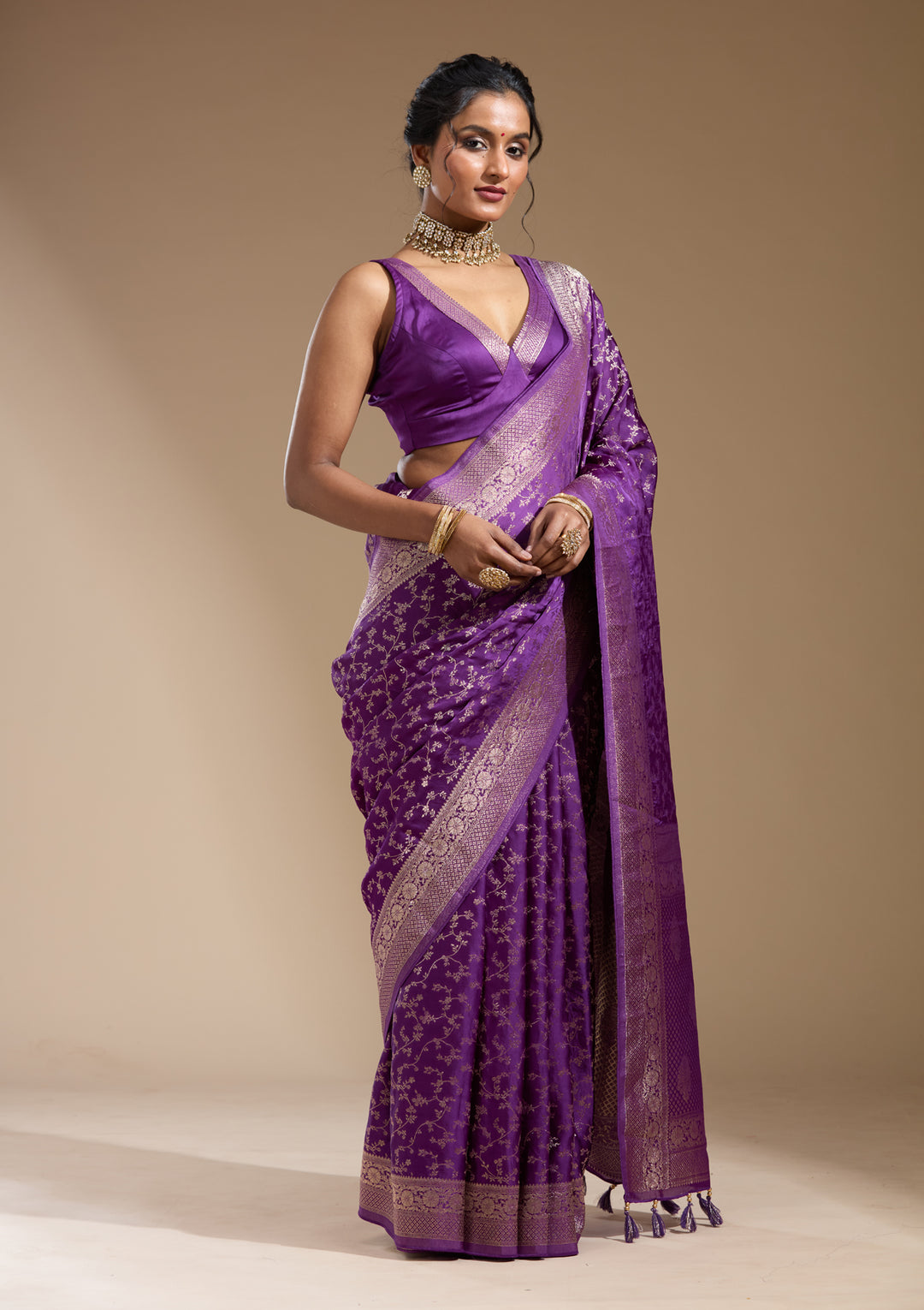Purple Georgette Jaal Gold Zariwork Saree With Matching Blouse Piece