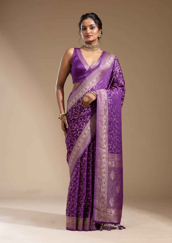 Purple Georgette Jaal Gold Zariwork Saree With Matching Blouse Piece
