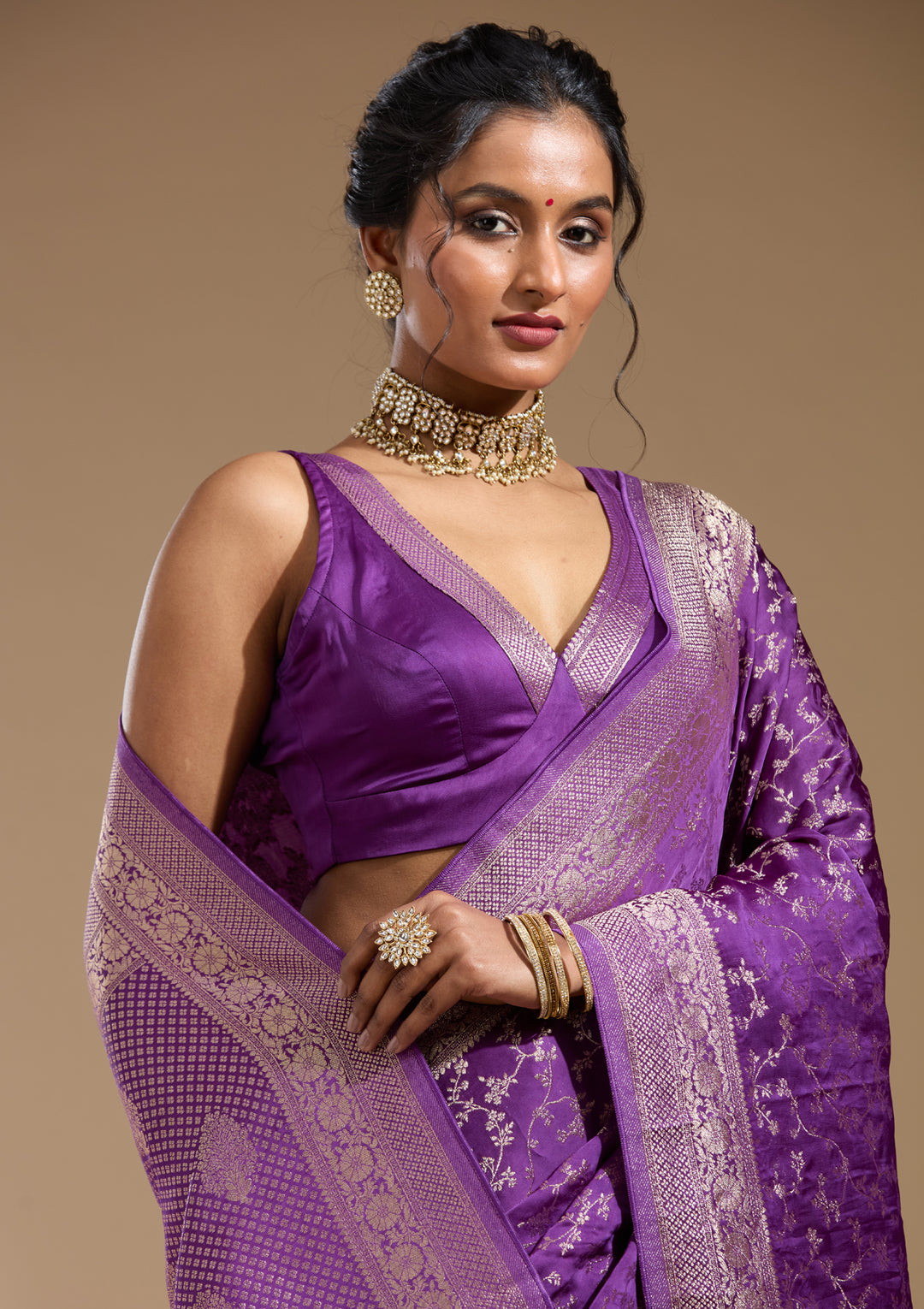 Purple Georgette Jaal Gold Zariwork Saree With Matching Blouse Piece