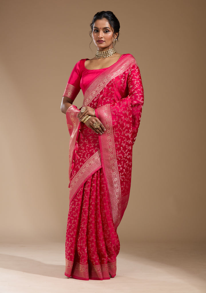 Rani Pink Georgette Jaal Gold Zariwork Saree With Matching Blouse Piece