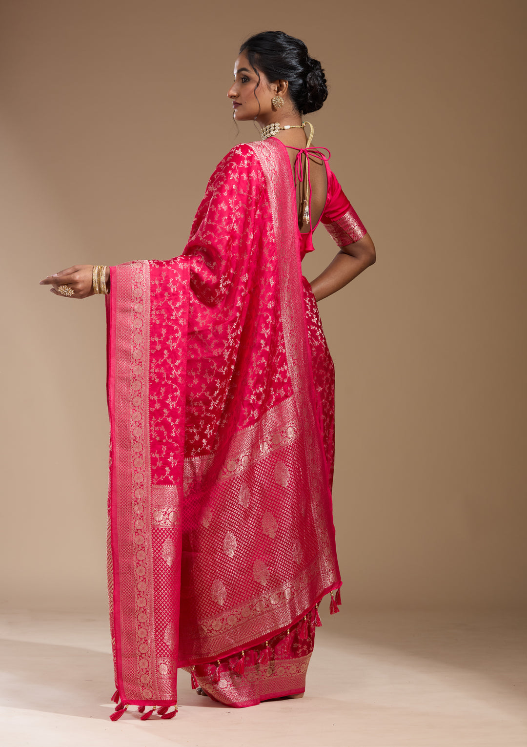 Rani Pink Georgette Jaal Gold Zariwork Saree With Matching Blouse Piece