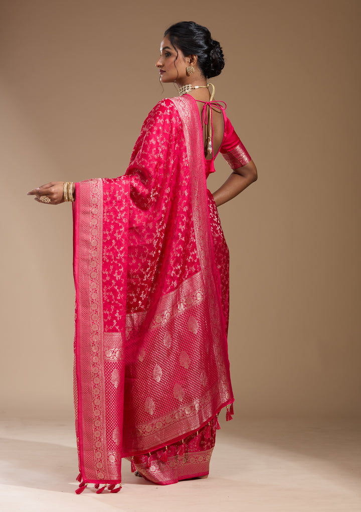 Rani Pink Georgette Jaal Gold Zariwork Saree With Matching Blouse Piece