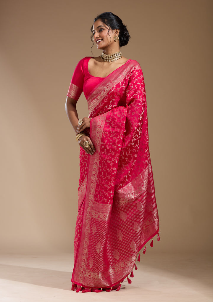 Rani Pink Georgette Jaal Gold Zariwork Saree With Matching Blouse Piece