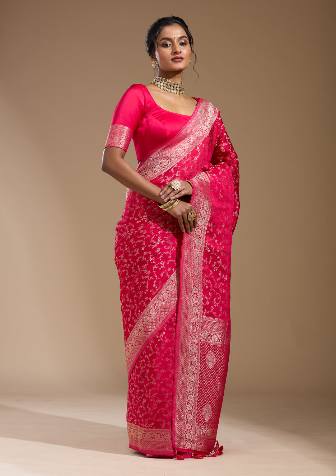 Rani Pink Georgette Jaal Gold Zariwork Saree With Matching Blouse Piece