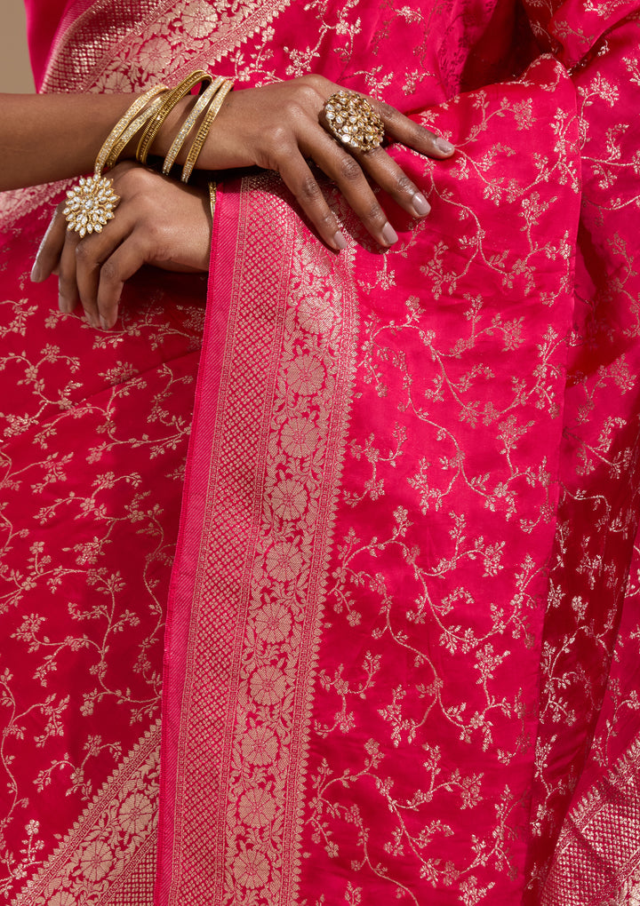Rani Pink Georgette Jaal Gold Zariwork Saree With Matching Blouse Piece