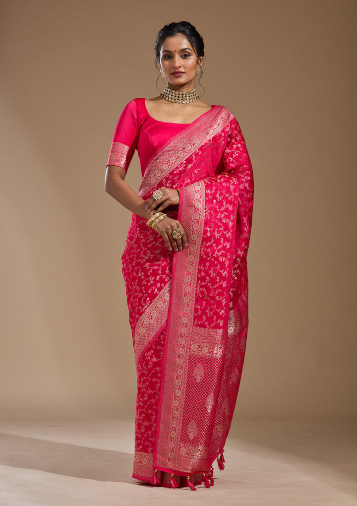 Rani Pink Georgette Jaal Gold Zariwork Saree With Matching Blouse Piece