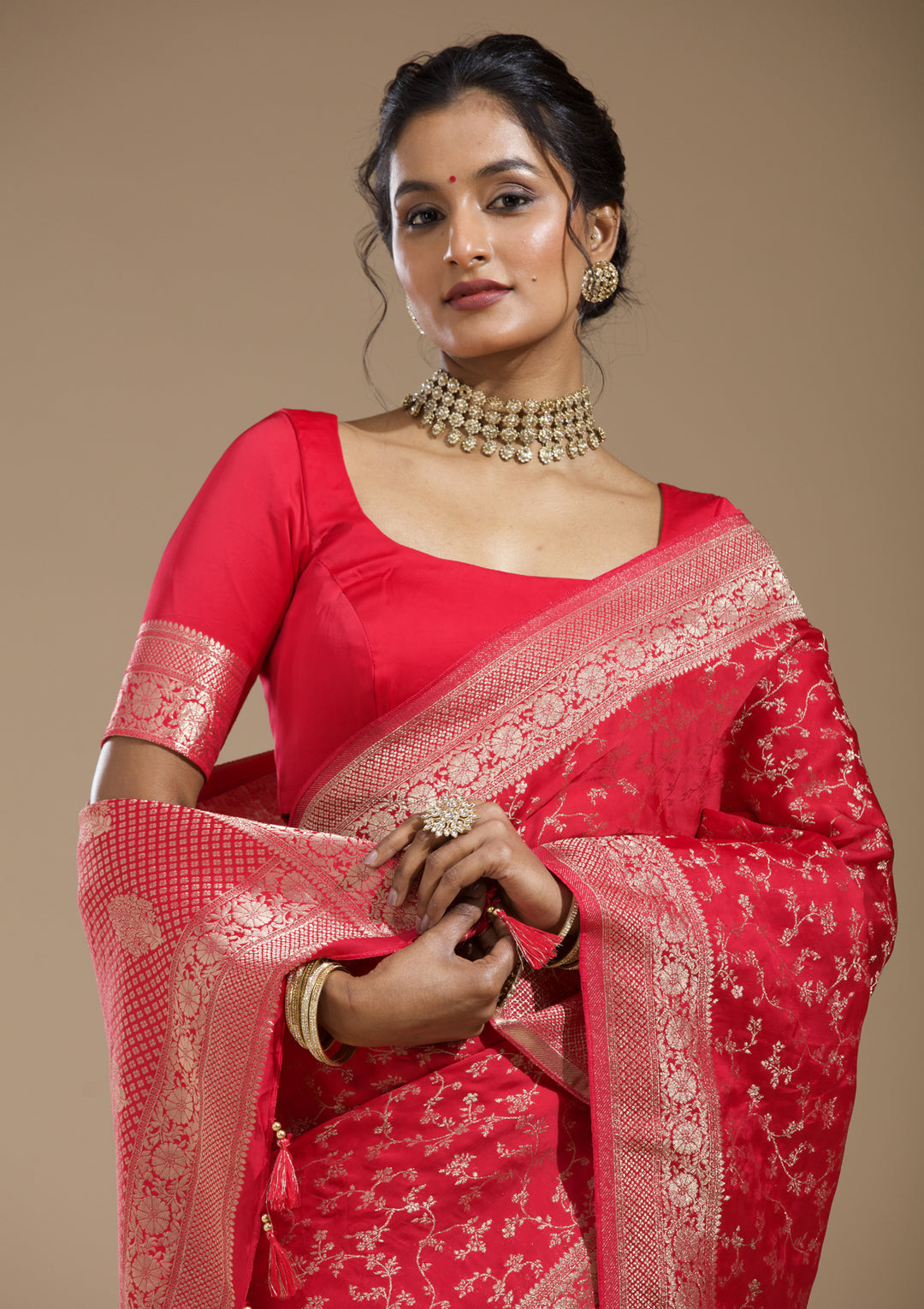 Rani Pink Georgette Jaal Gold Zariwork Saree With Matching Blouse Piece