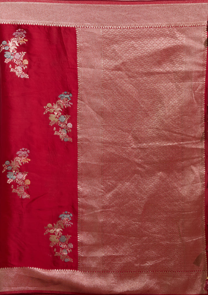 Maroon Satin Buti Gold Zariwork Saree With Matching Blouse Piece
