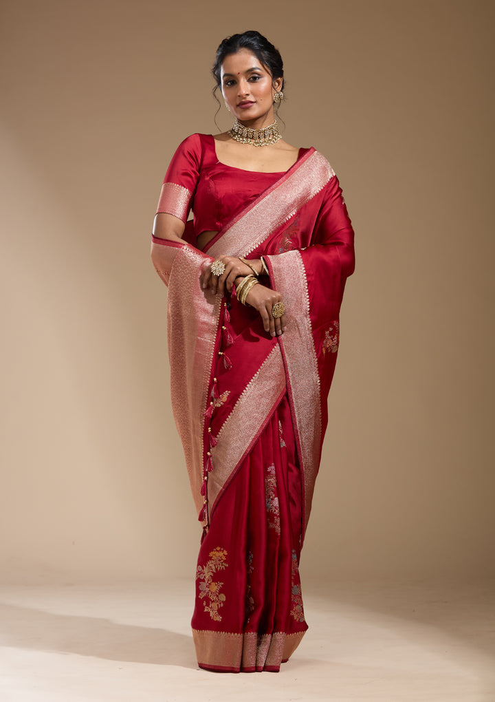 Maroon Satin Buti Gold Zariwork Saree With Matching Blouse Piece