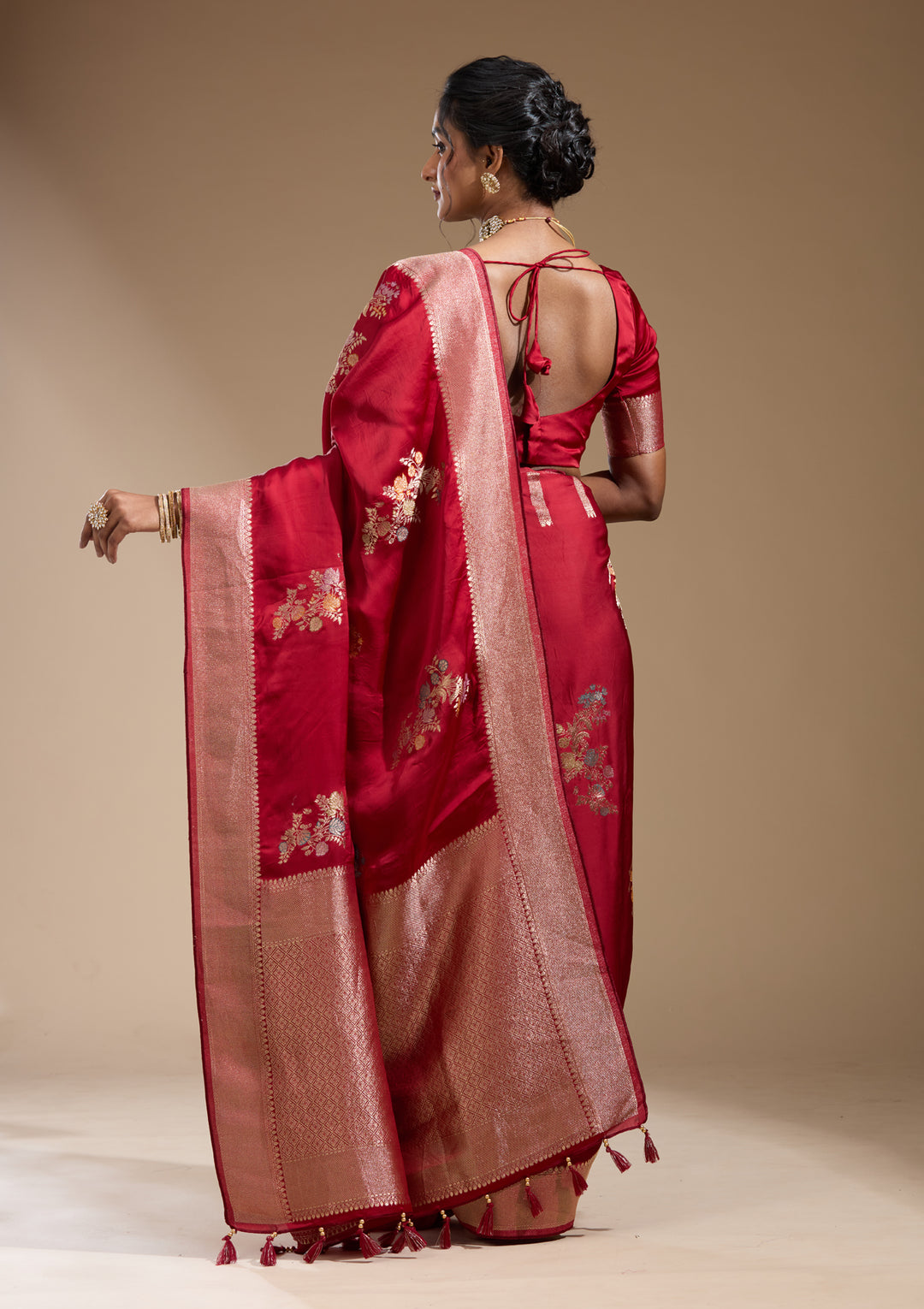 Maroon Satin Buti Gold Zariwork Saree With Matching Blouse Piece