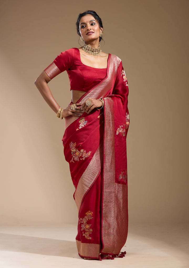 Maroon Satin Buti Gold Zariwork Saree With Matching Blouse Piece