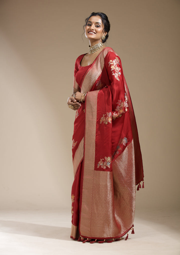 Maroon Satin Buti Gold Zariwork Saree With Matching Blouse Piece