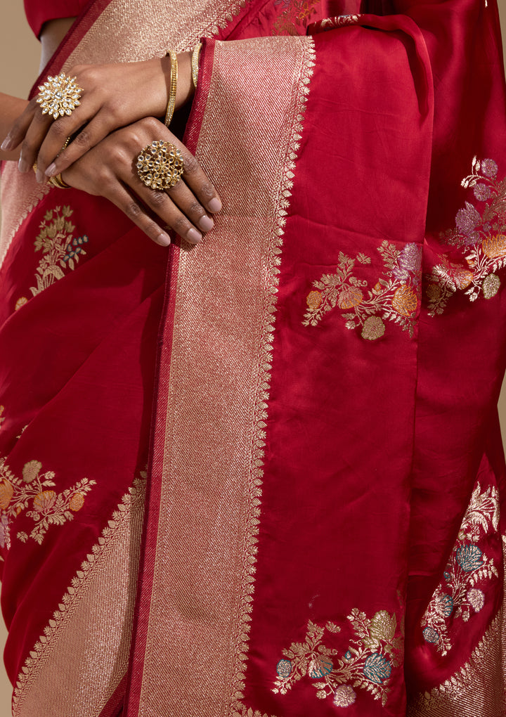 Maroon Satin Buti Gold Zariwork Saree With Matching Blouse Piece