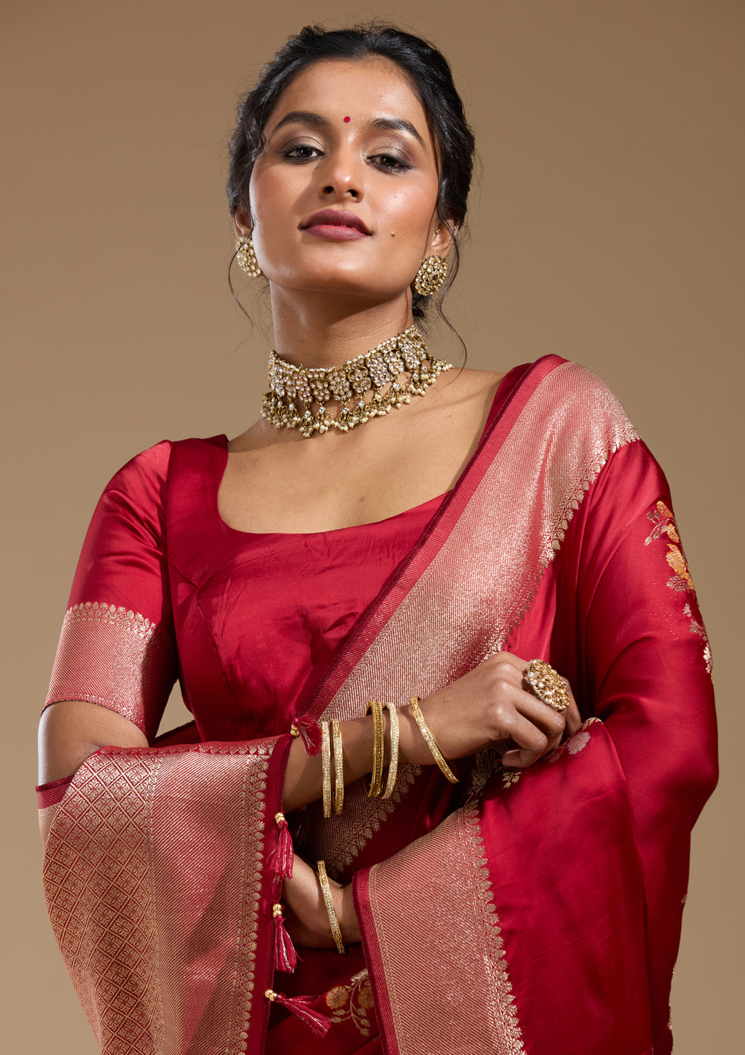 Maroon Satin Buti Gold Zariwork Saree With Matching Blouse Piece
