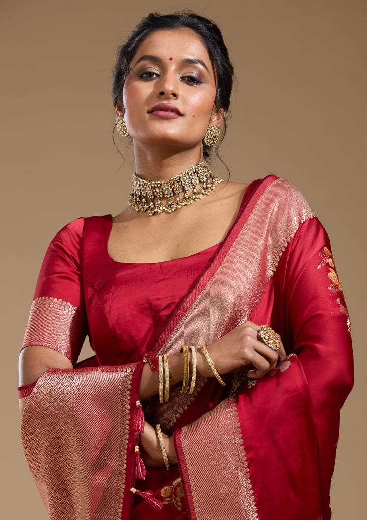 Maroon Satin Buti Gold Zariwork Saree With Matching Blouse Piece