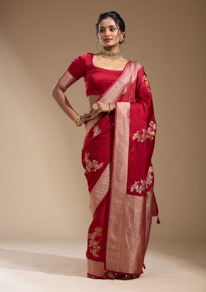 Maroon Satin Buti Gold Zariwork Saree With Matching Blouse Piece