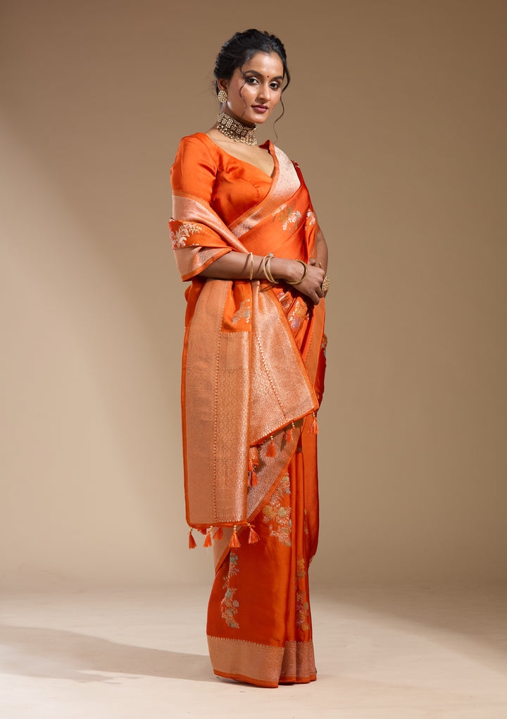 Orange Satin Buti Gold Zariwork Saree With Matching Blouse Piece