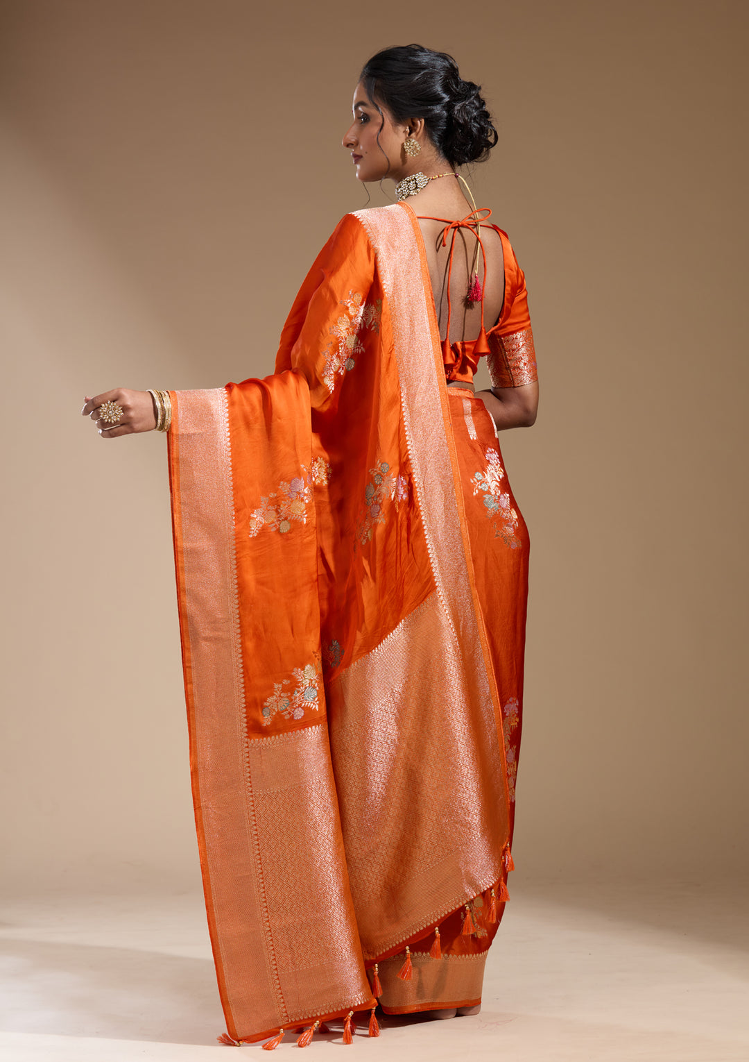 Orange Satin Buti Gold Zariwork Saree With Matching Blouse Piece