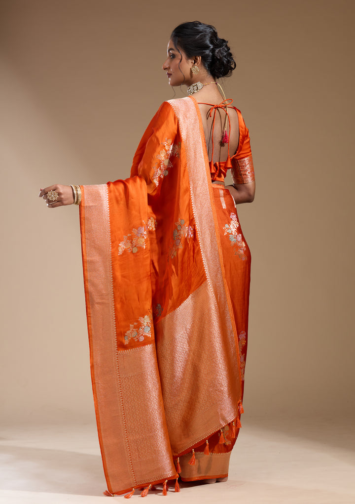 Orange Satin Buti Gold Zariwork Saree With Matching Blouse Piece