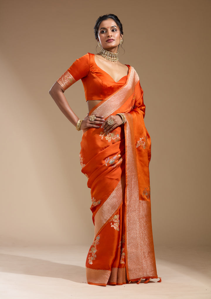 Orange Satin Buti Gold Zariwork Saree With Matching Blouse Piece