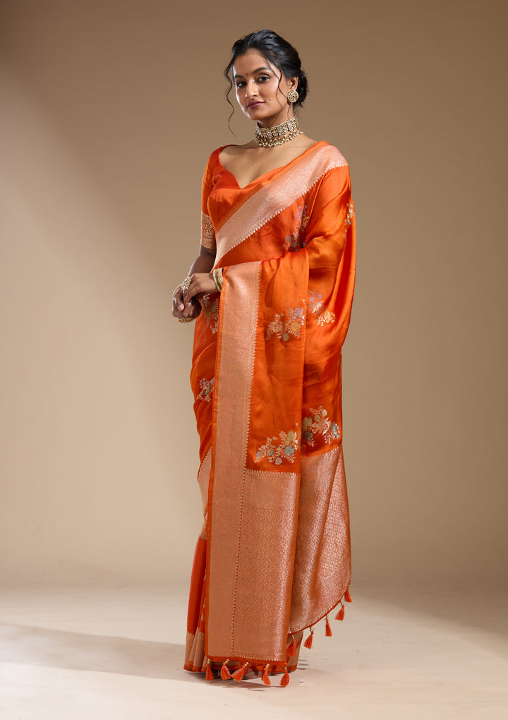 Orange Satin Buti Gold Zariwork Saree With Matching Blouse Piece