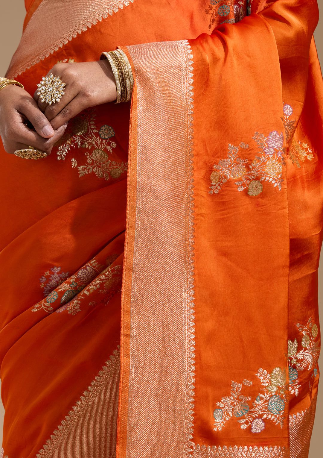 Orange Satin Buti Gold Zariwork Saree With Matching Blouse Piece