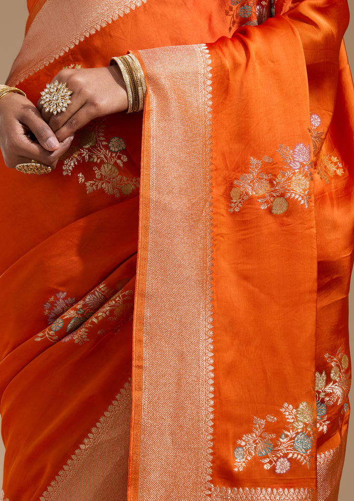 Orange Satin Buti Gold Zariwork Saree With Matching Blouse Piece