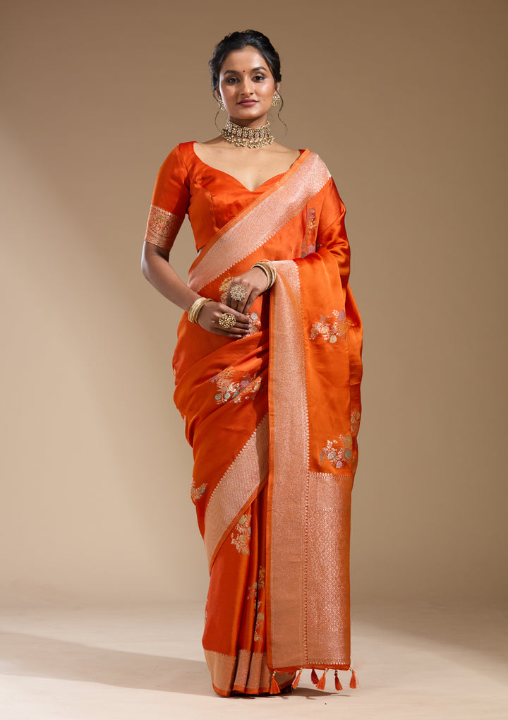 Orange Satin Buti Gold Zariwork Saree With Matching Blouse Piece
