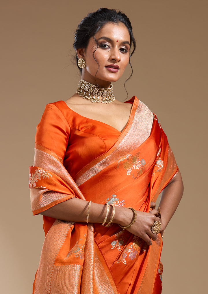 Orange Satin Buti Gold Zariwork Saree With Matching Blouse Piece