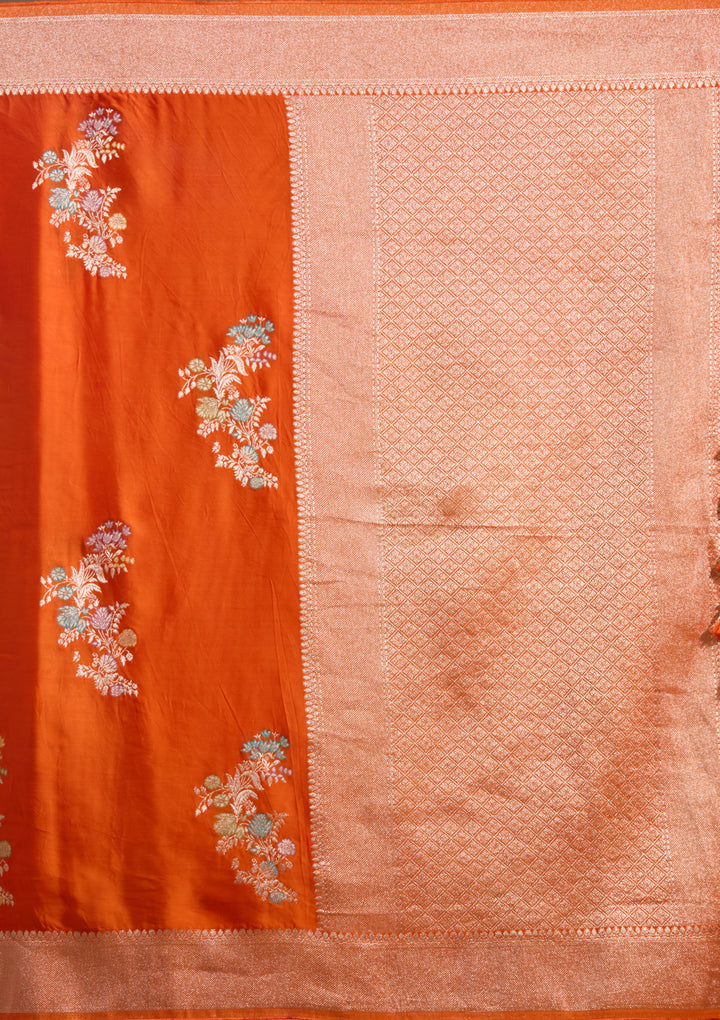Orange Satin Buti Gold Zariwork Saree With Matching Blouse Piece