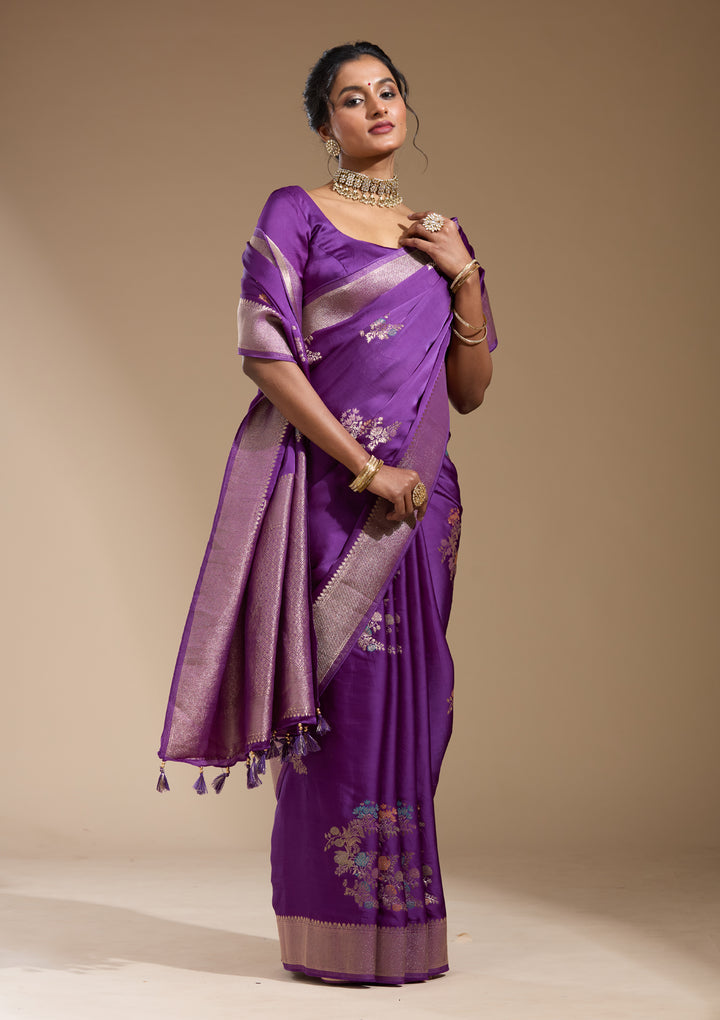 Purple Satin Buti Gold Zariwork Saree With Matching Blouse Piece