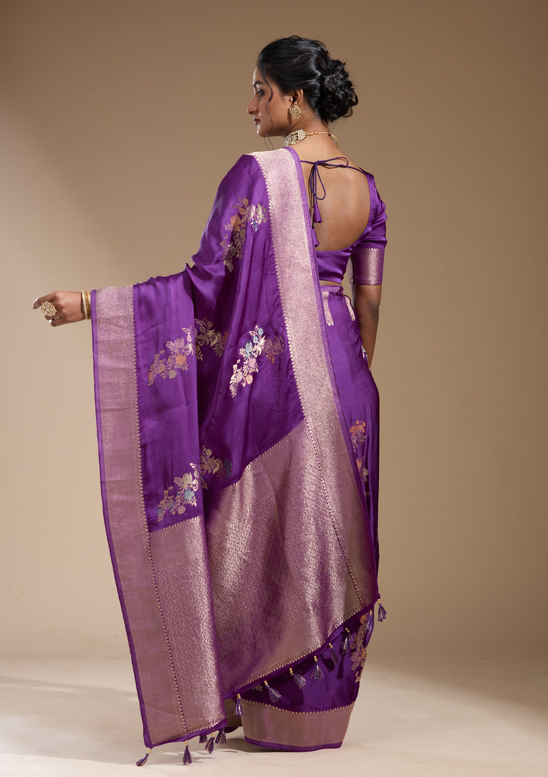 Purple Satin Buti Gold Zariwork Saree With Matching Blouse Piece