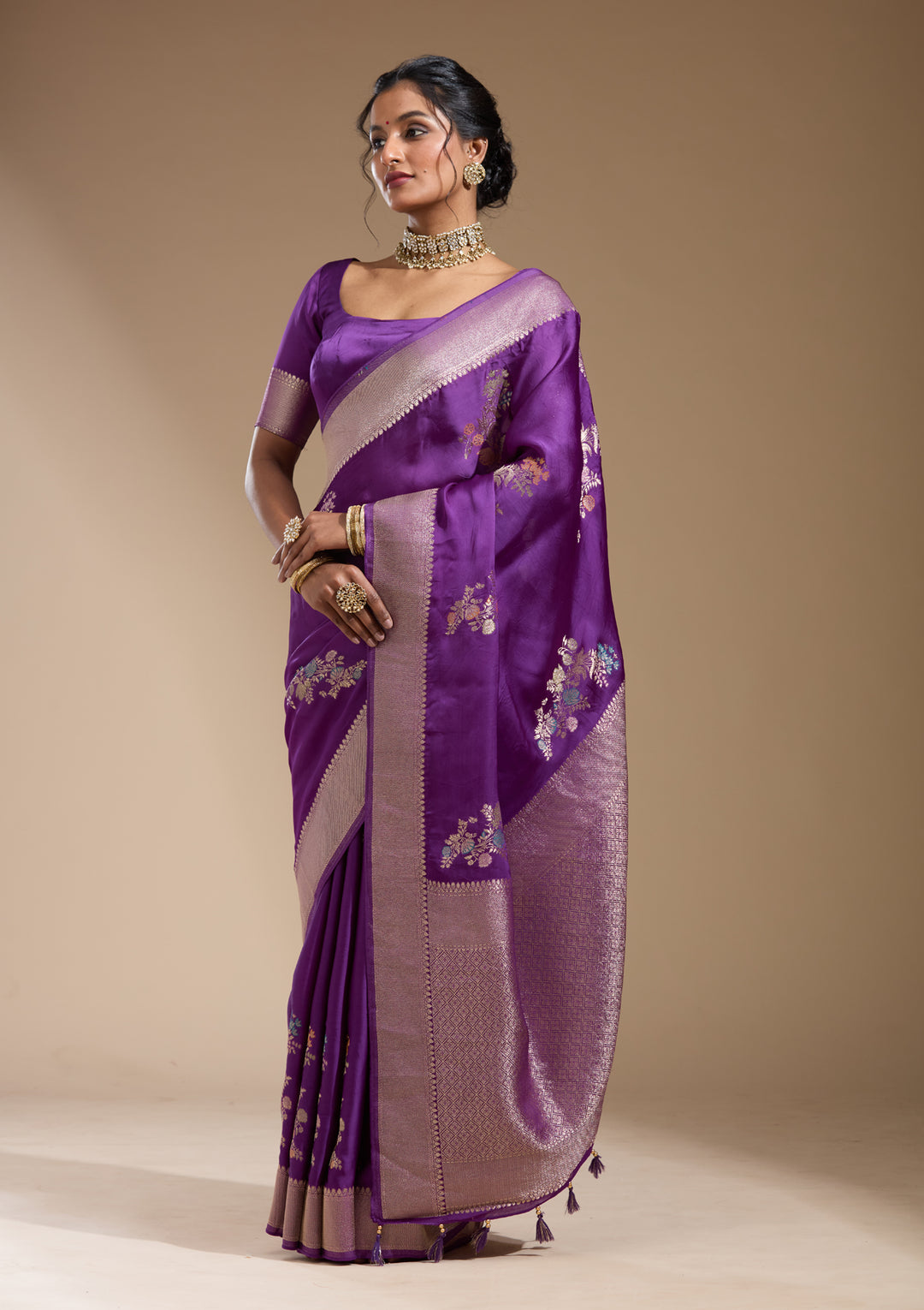 Purple Satin Buti Gold Zariwork Saree With Matching Blouse Piece