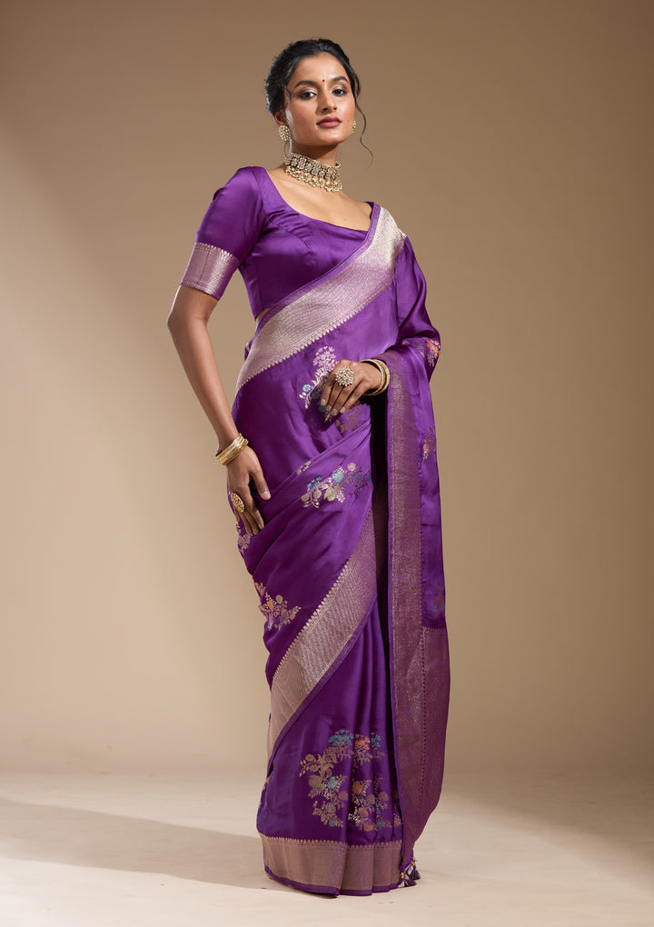 Purple Satin Buti Gold Zariwork Saree With Matching Blouse Piece