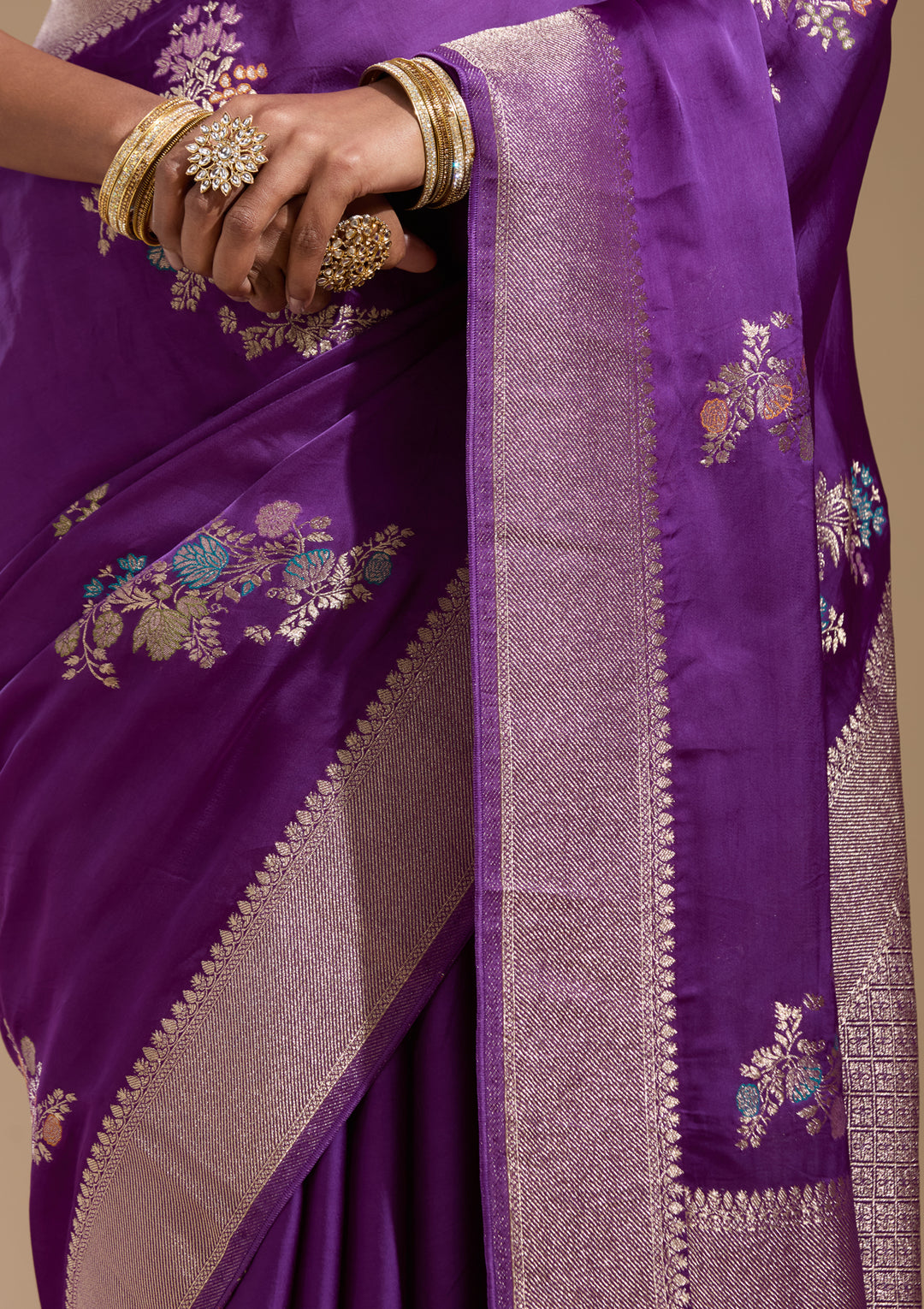 Purple Satin Buti Gold Zariwork Saree With Matching Blouse Piece