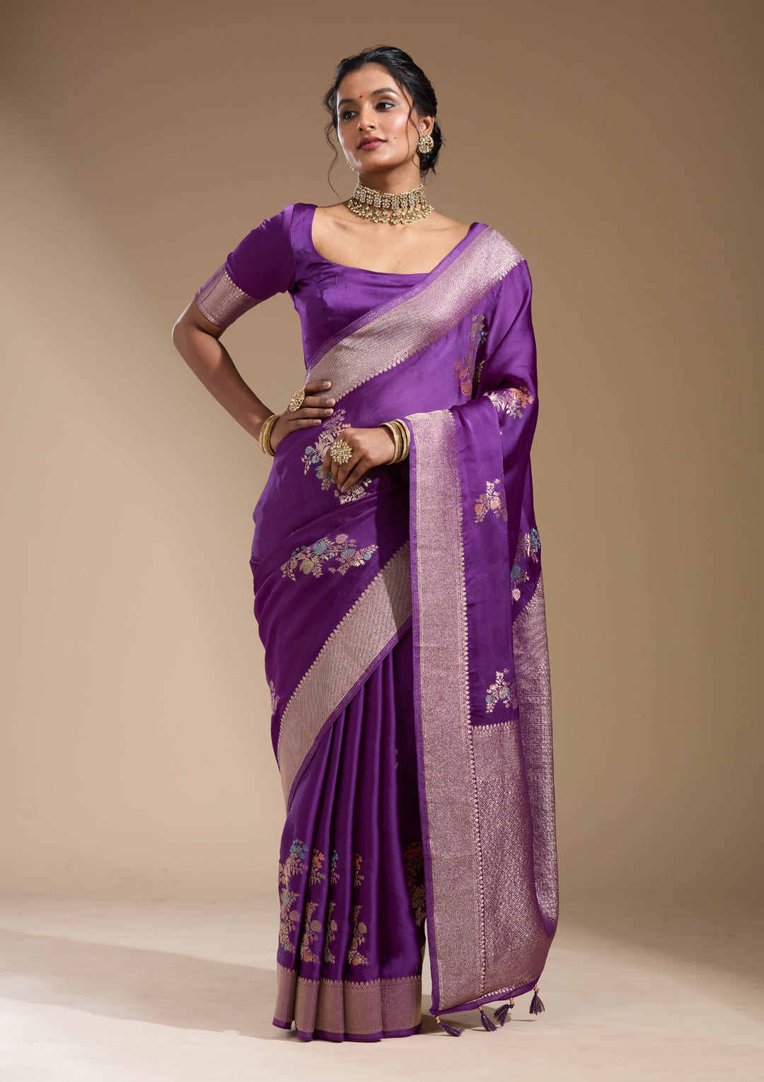 Purple Satin Buti Gold Zariwork Saree With Matching Blouse Piece