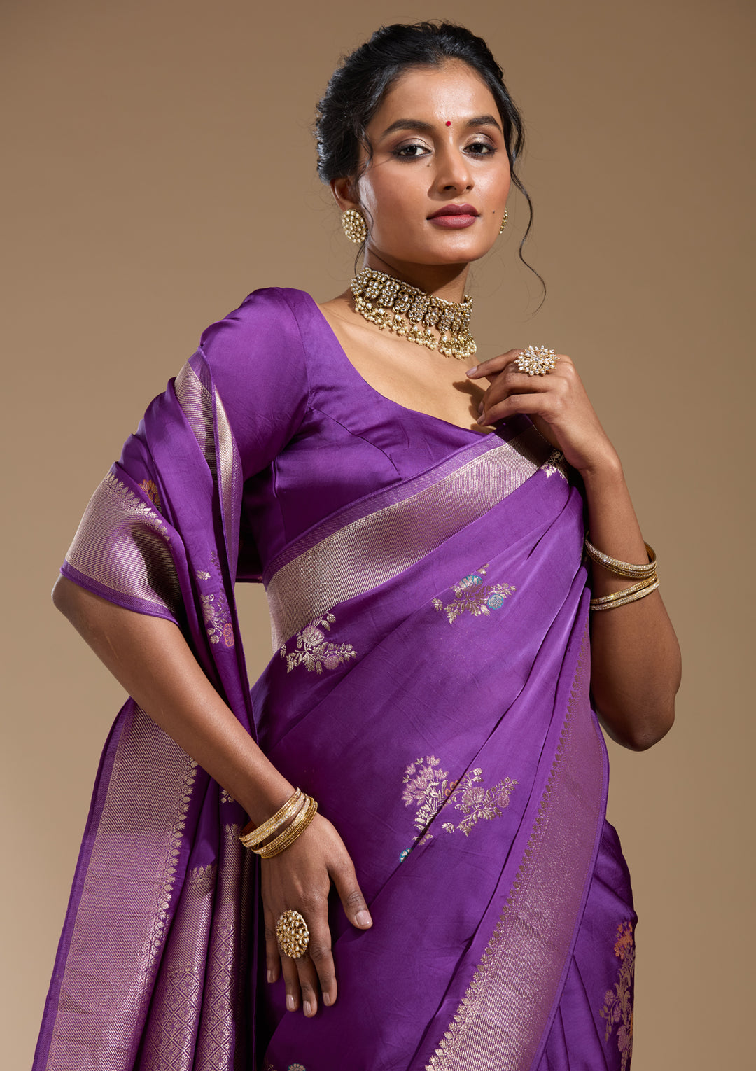 Purple Satin Buti Gold Zariwork Saree With Matching Blouse Piece