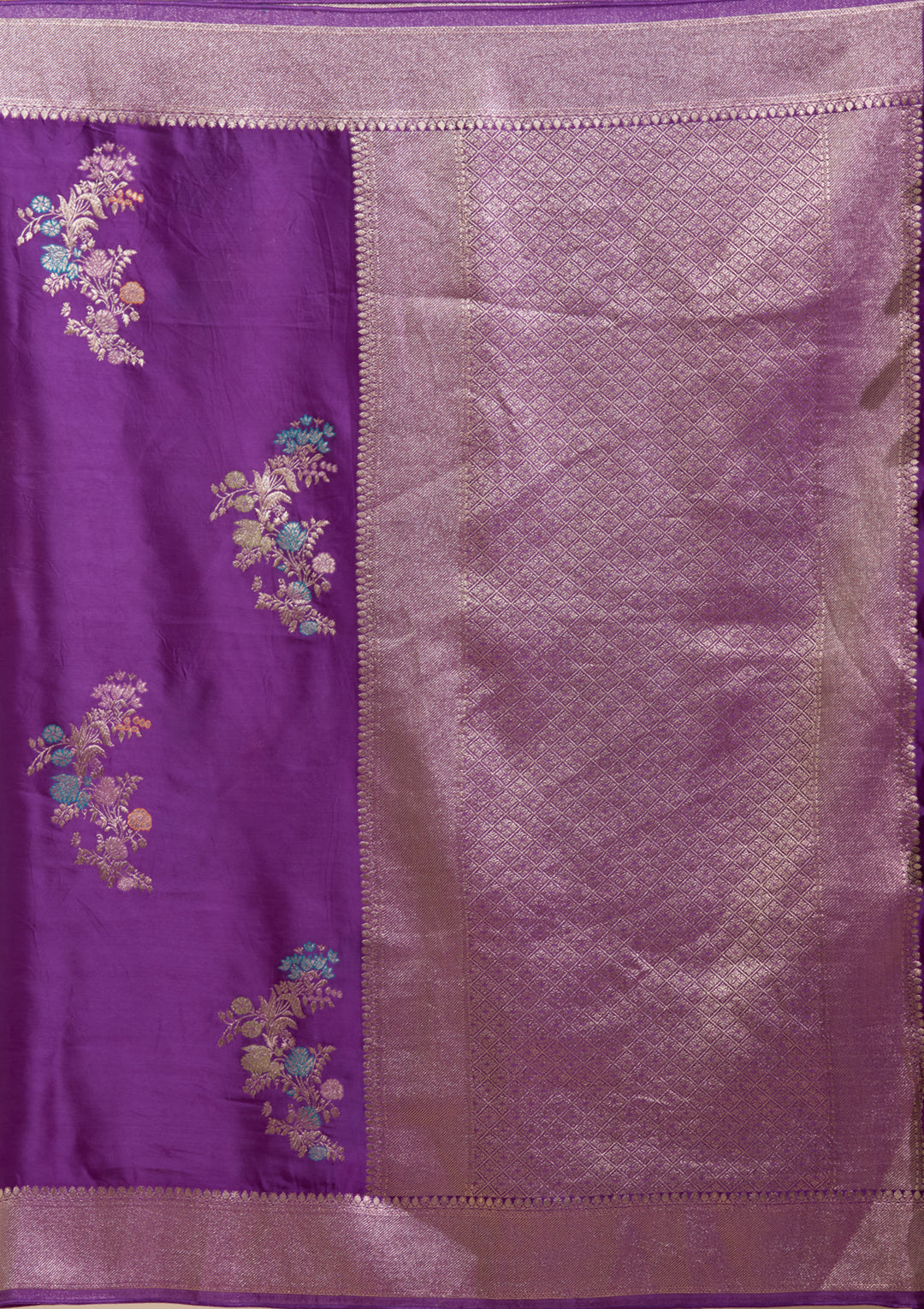 Purple Satin Buti Gold Zariwork Saree With Matching Blouse Piece